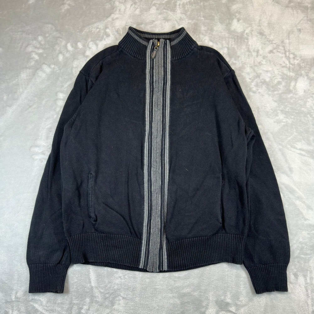 Van Heusen Cardigan Mens Medium Black Studio Full Zip Striped Mock Neck Sweater